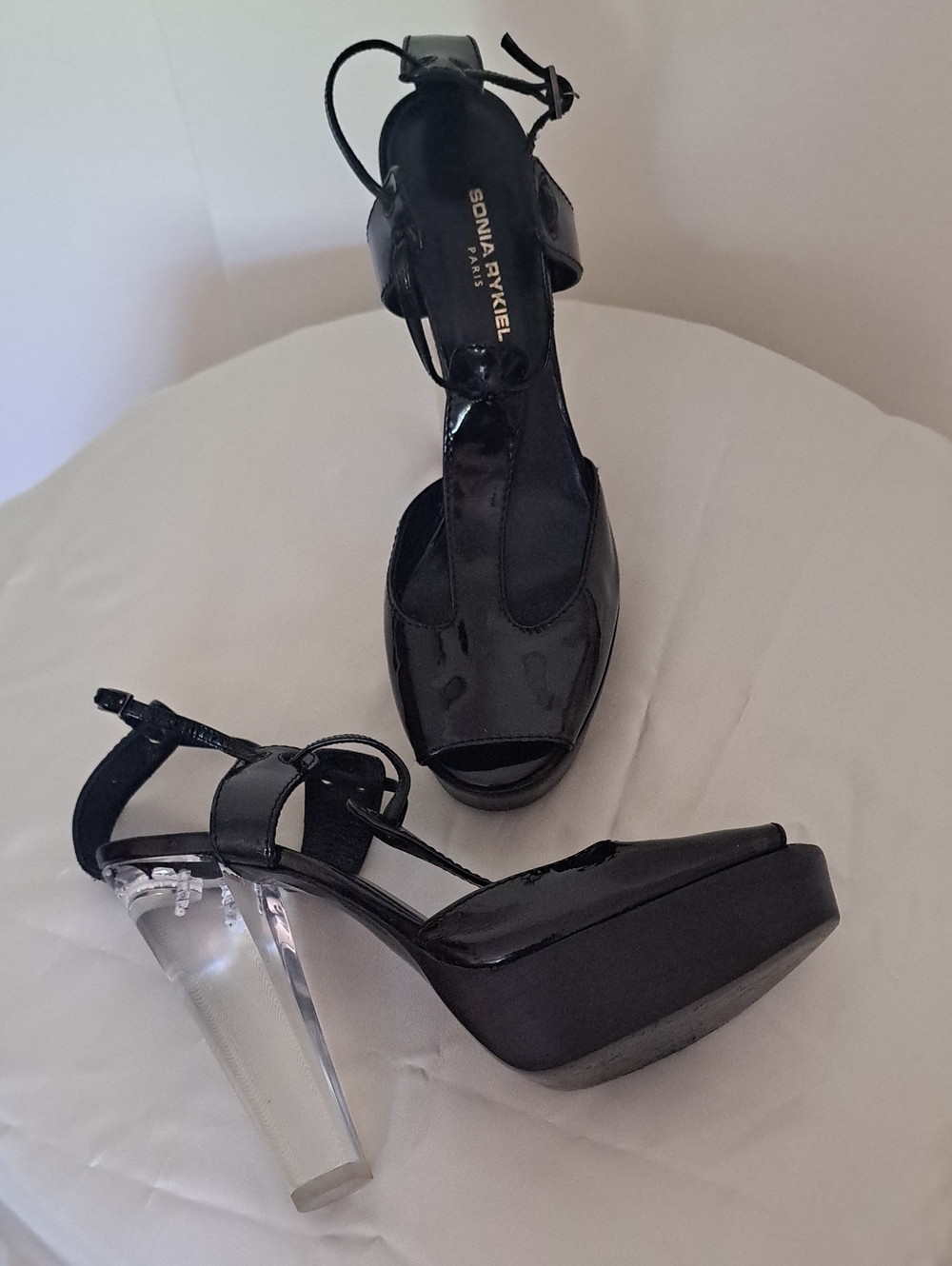 Sonia Rykiel Black Patent Platform Sandals with Clear Block Heel